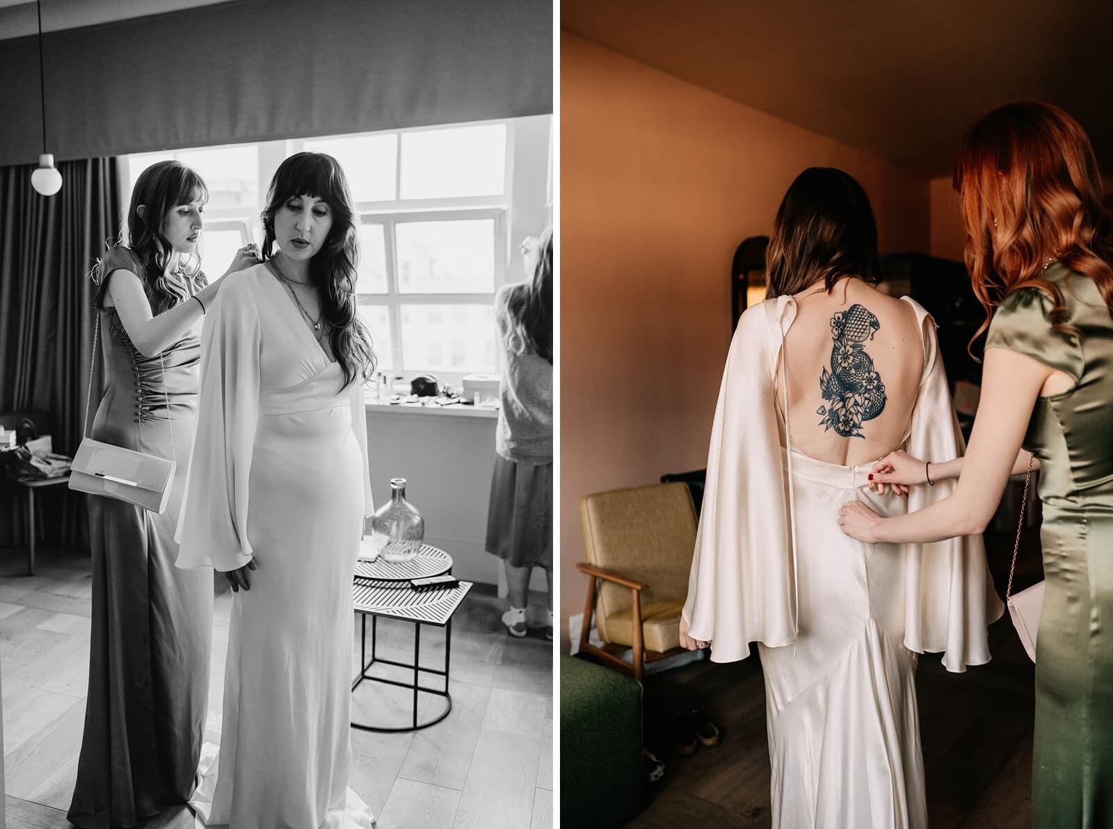 Bride getting into her vintage 70s dress