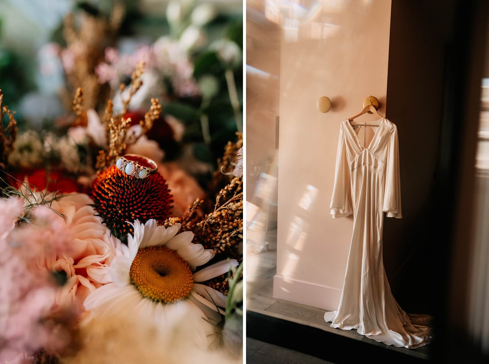 Vintage 70s style wedding dress and engagement ring