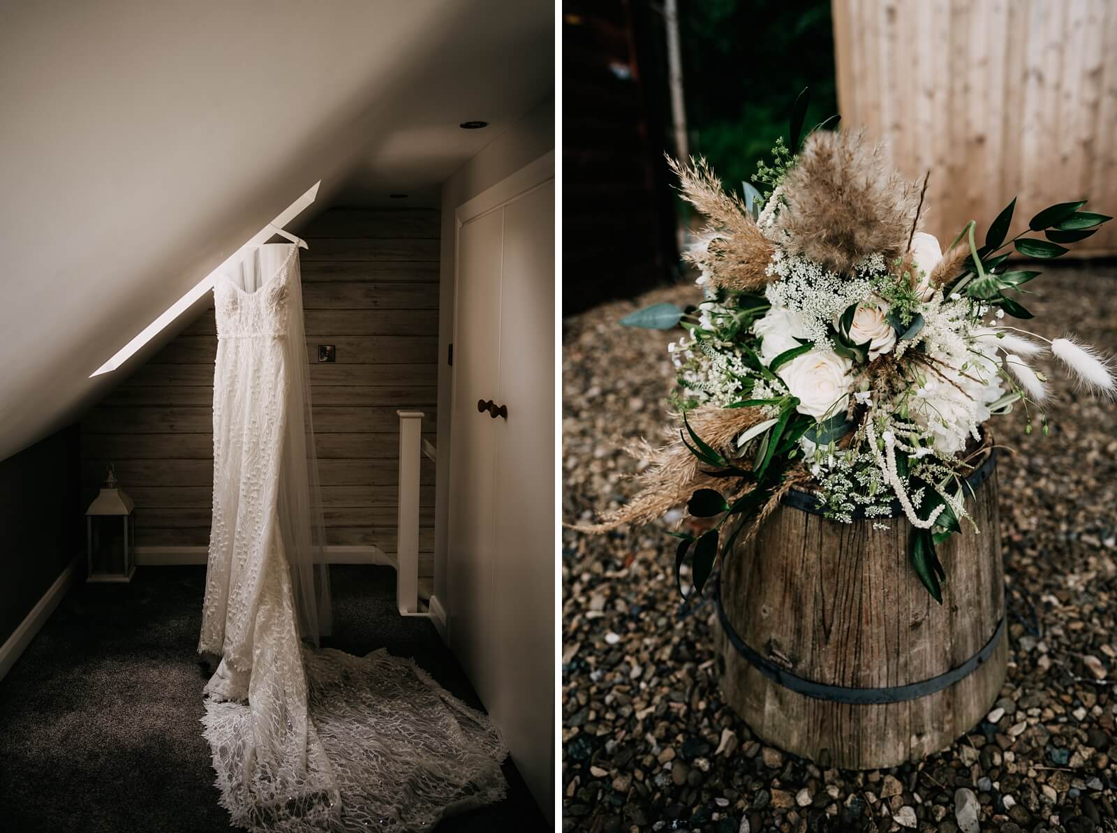 Bride's dress and rustic white bouquet