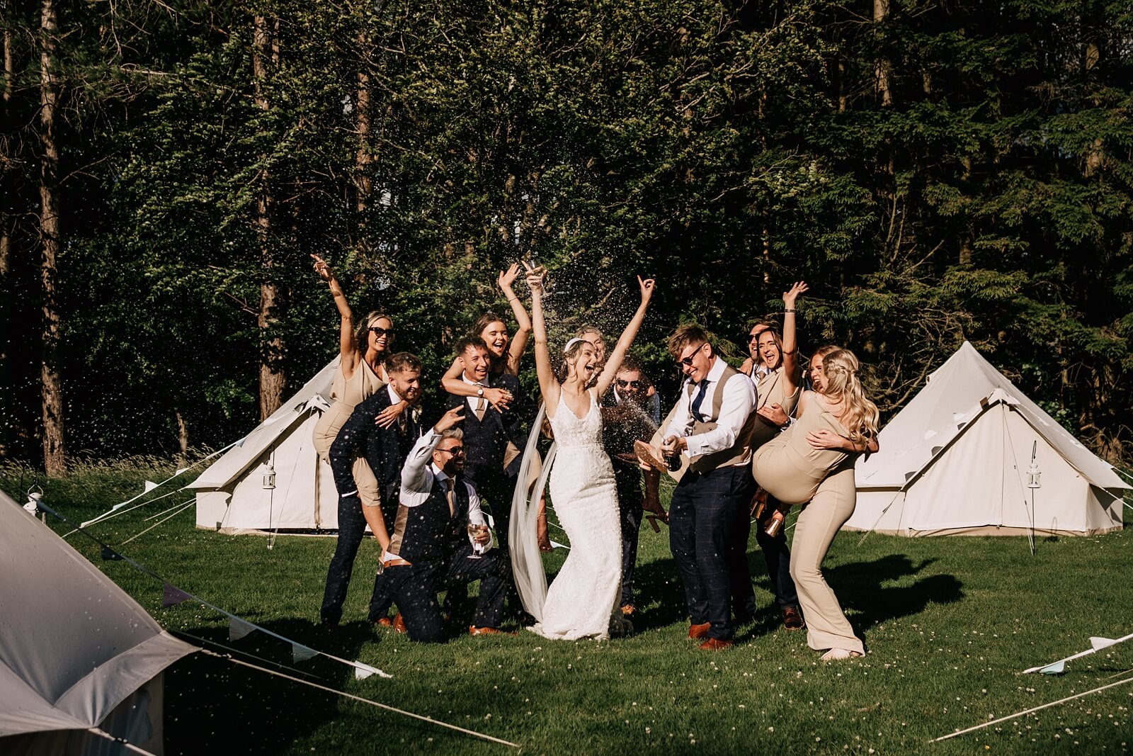 Champagne spray with the bridal party